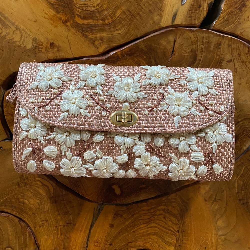 Raffia Woven Straw Clutch Purse Cherry Blossom Floral